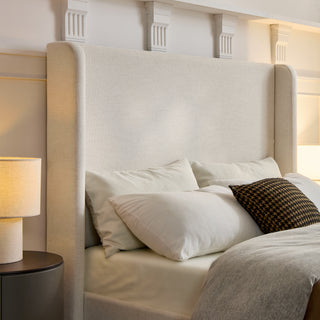 Sunvega Minimalist Upholstered Wingback Bed Frame with 54 Inch Headboard in Textured Ivory Canvas Chenille