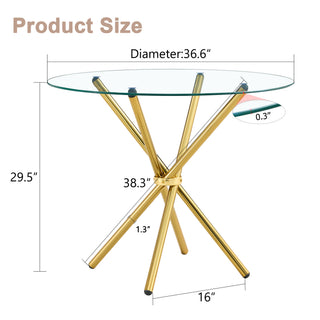 Sunvega Modern Simple Round Clear Glass Dining Table with Gold Metal Legs for 4-6 People