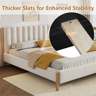 Sunvega King Size Bed Frame with Boucle Upholstered Headboard and Solid Wood Legs