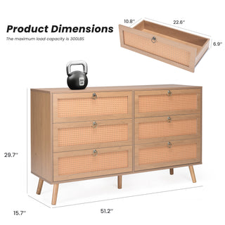 Sunvega Modern 6-Drawer Double Dresser with Rattan Drawers for Bedroom Storage