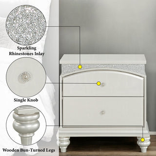Sunvega Platinum Finish Glam Nightstand with 2 Drawers and Sparkling Rhinestones Inlay