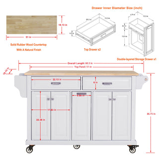 Sunvega Kitchen Cart with Rubber Wood Countertop Storage Cabinet and 2 Drawers