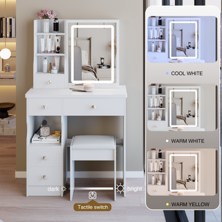 Sunvega Small Size Left Drawer Vanity Table with Cushioned Stool and LED Mirror