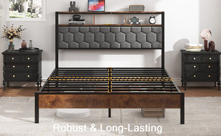 Sunvega Queen Bed Frame with Vintage Shelf Headboard and USB Charging Station