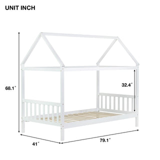 Sunvega Twin Rubber Wood House Bed with Headboard and Footboard in Light Grey