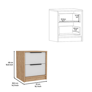 Sunvega Modern Nightstand with Two Drawers in White and Light Oak Finish