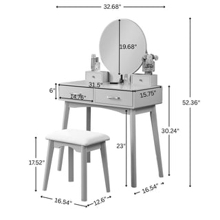 Sunvega Contemporary White Wood Vanity and Stool Set with Round Mirror