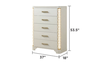 Sunvega Beige Wood 5-Drawer Chest with Gold Accent Pulls and LED Lighting