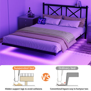 Sunvega Queen Size Floating Bed Frame with Headboard Storage USB Charging and RGB LED Lights