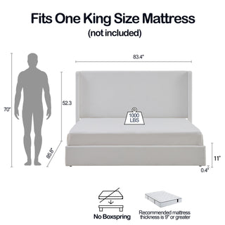 Sunvega Minimalist Upholstered Wingback Bed Frame with 54 Inch Headboard in Textured Ivory Canvas Chenille