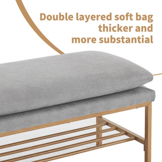 Sunvega Linen Upholstered Storage Bench with Shelf and Metal Legs for Bedroom Entryway