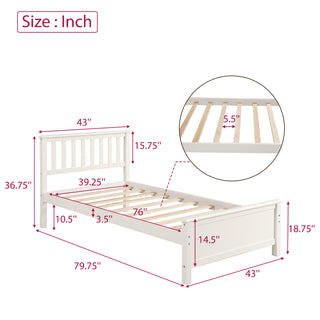 Sunvega White Twin Size Wood Platform Bed with Headboard and Sturdy Wood Slat Support