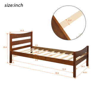 Sunvega Twin Size Wood Platform Bed with Headboard and Wooden Slat Support in Walnut