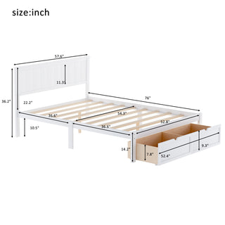 Sunvega White Full Size Pine Wood Platform Bed with Underbed Drawers