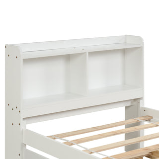 Sunvega White Twin Trundle Bed with Storage Headboard and Bookcase