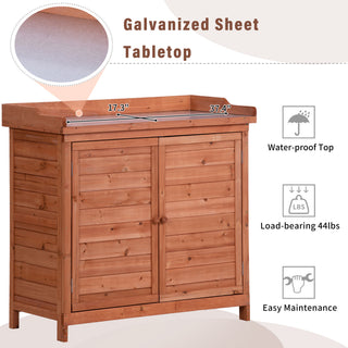 Sunvega Premium Fir Wood Potting Bench with Galvanized Tabletop and 2-Tier Storage