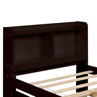 Sunvega White Twin Trundle Bed with Storage Headboard and Bookcase