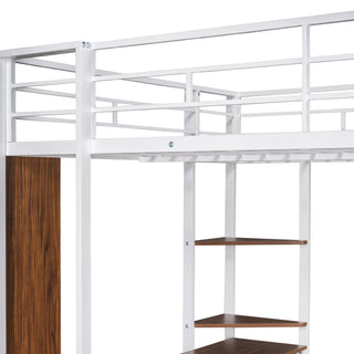 Sunvega Full Size Metal Loft Bed with Desk and 2 Shelves White
