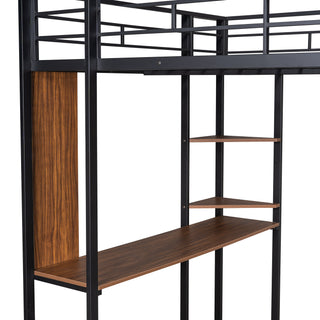 Sunvega Full Size Metal Loft Bed with Desk and 2 Shelves White