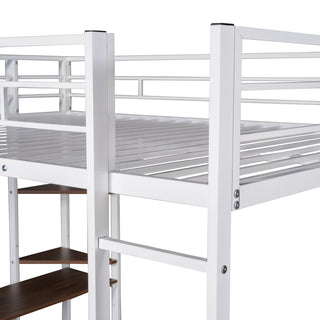 Sunvega Full Size Metal Loft Bed with Desk and 2 Shelves White