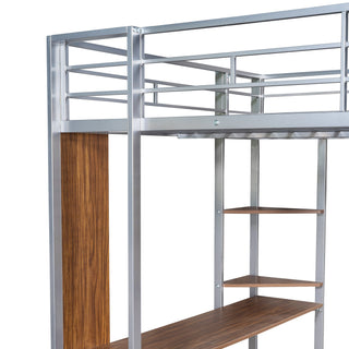 Sunvega Full Size Metal Loft Bed with Desk and 2 Shelves White