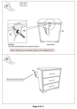 Sunvega Contemporary Warm Gray Nightstand with Chrome Trim and USB Charger