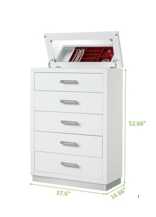 Sunvega Modern 5 Drawer Chest with Mirror Lid Top and Jewelry Tray