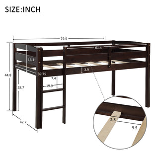 Sunvega Low Twin Wood Loft Bed with Ladder in Walnut for Kids Bedroom
