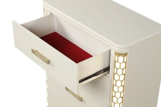 Sunvega Beige Wood 5-Drawer Chest with Gold Accent Pulls and LED Lighting