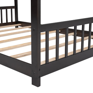 Sunvega Full Size Playhouse Design Wood Bed with Roof for Kids Room