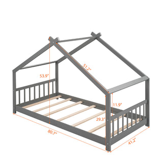 Sunvega Full Size Playhouse Design Wood Bed with Roof for Kids Room