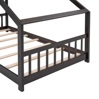 Sunvega Full Size Playhouse Design Wood Bed with Roof for Kids Room