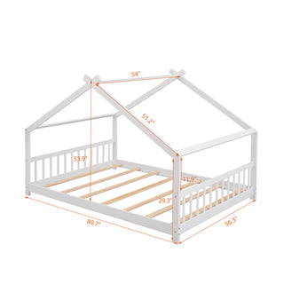 Sunvega White Full Size House Bed with Playhouse Design and Pinewood Frame