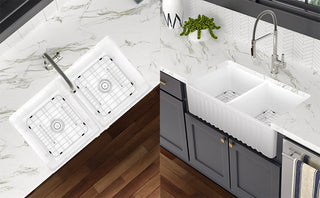 Sunvega Farmhouse Ceramic White Kitchen Double Basin Sink with Sound Dampening