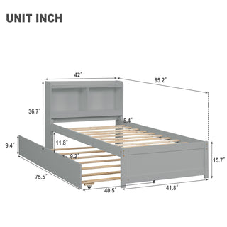 Sunvega White Twin Trundle Bed with Storage Headboard and Bookcase
