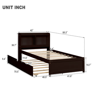 Sunvega White Twin Trundle Bed with Storage Headboard and Bookcase