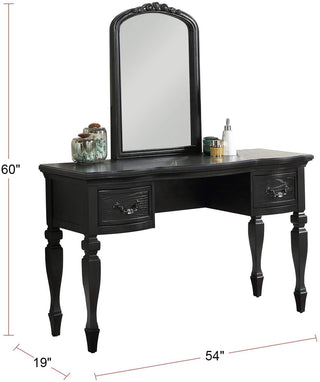 Sunvega Black Wooden Carved Vanity Set with Mirror Stool and Drawers