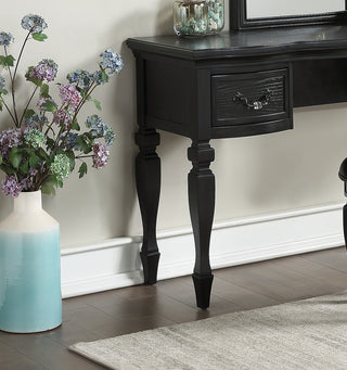Sunvega Black Wooden Carved Vanity Set with Mirror Stool and Drawers