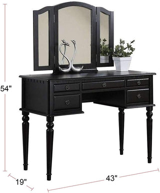 Sunvega Contemporary Black Rubber Wood Vanity Set with Foldable Mirror and Stool