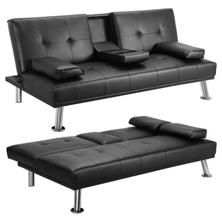 Sunvega Modern Faux Leather Convertible Sofa Bed with Cup Holders and Adjustable Backrest