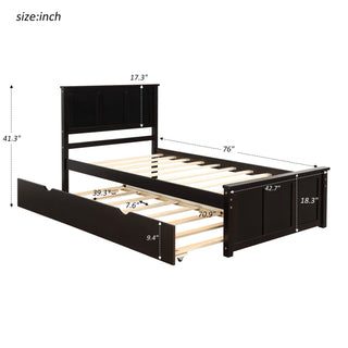 Sunvega Twin Size Platform Bed with Trundle in Espresso Made of Solid Wood