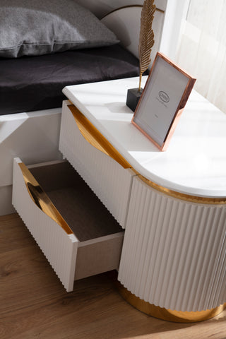 Sunvega White and Gold Lacquered 2-Drawer Nightstand with Soft-Closing Drawers