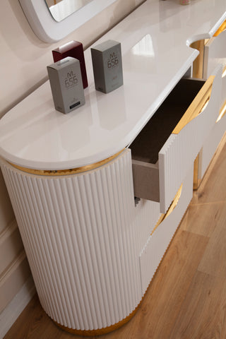 Sunvega White and Gold Six-Drawer Dresser with Soft-Closing Ball-Bearing Drawers