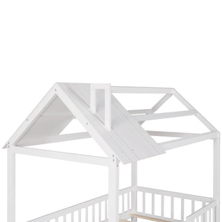 Sunvega White Twin Size Wood House Playhouse Bed with Fence for Kids Room
