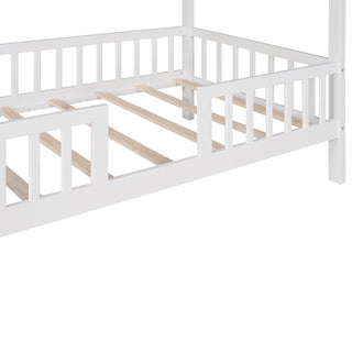 Sunvega White Twin Size Wood House Playhouse Bed with Fence for Kids Room