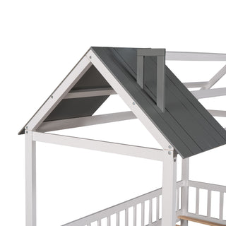 Sunvega White Twin Size Wood House Playhouse Bed with Fence for Kids Room