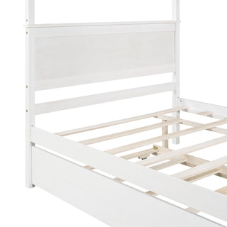 Sunvega Modern Wooden Canopy Bed with Trundle and Brushed White Finish