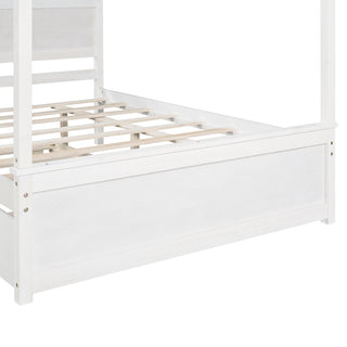 Sunvega Modern Wooden Canopy Bed with Trundle and Brushed White Finish