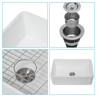 Sunvega 33 Inch White Porcelain Ceramic Farmhouse Kitchen Sink Workstation with Reversible Apron
