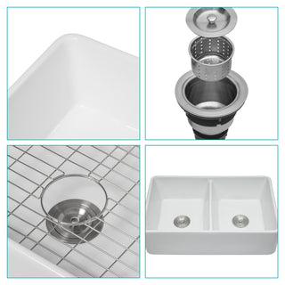 Sunvega 33 Inch White Porcelain Ceramic Farmhouse Kitchen Sink Workstation with Reversible Apron